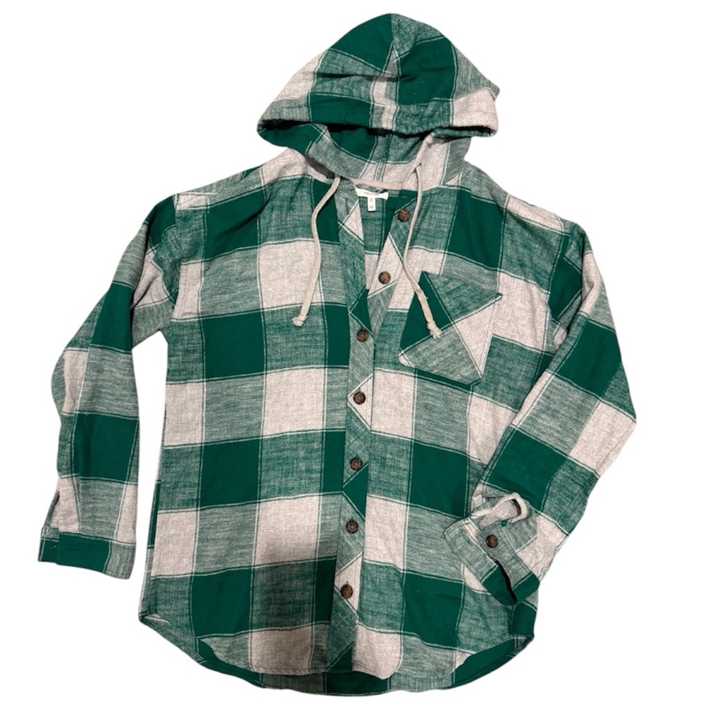NWOT Maurice’s Green White Plaid Hooded Lightweight Layer Button Down Shirt / M
